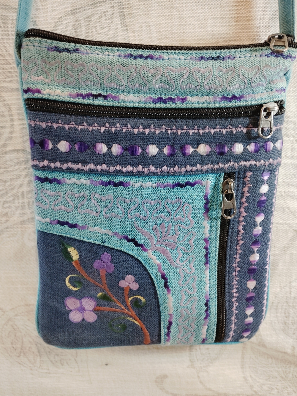 Ganesh Himal Boho Embroidered Crossbody Bag in Green and Blue